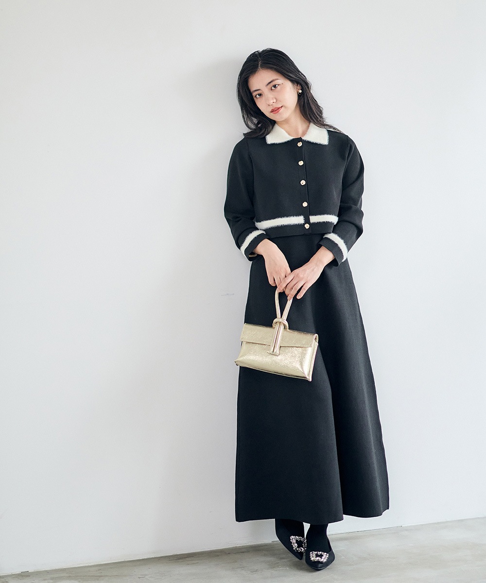 SALE】シャギー衿ニットワンピース×ノーカラーカーディガンセット