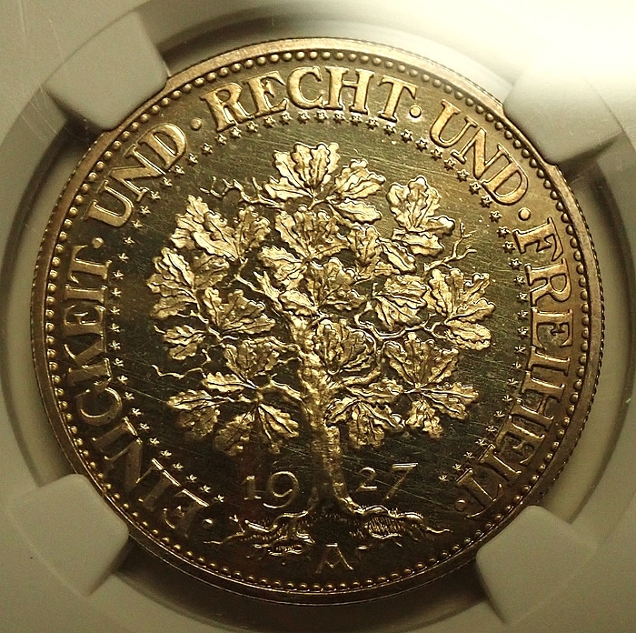 ドイツ1927年5ライヒスマルク銀貨、PF66 Cameo準最高鑑定