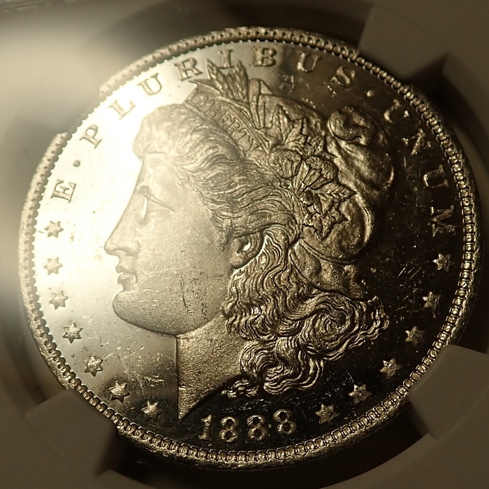 アメリカ1888年、1ドル銀貨、希少な「ディープ・プルーフライク」鑑定