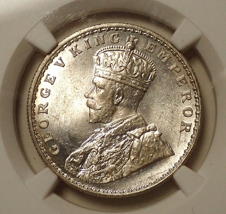 イギリス領インド、1918年ジョージ5世の1ルピー最高鑑定MS66