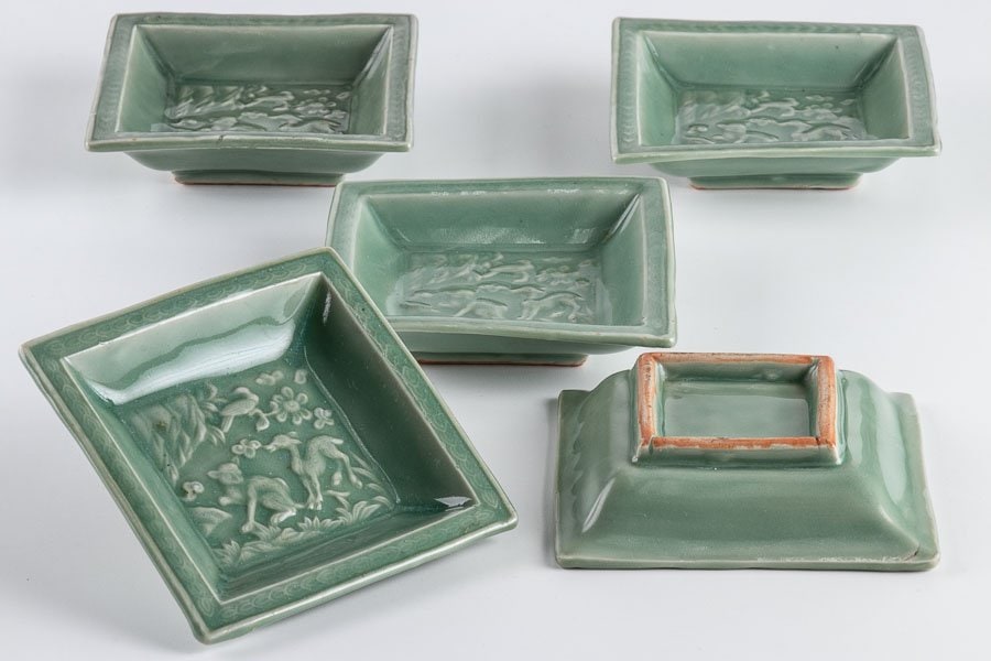 青磁】 三田青磁陽刻鹿猿図四方角皿 5客セット 15720 | すべての商品