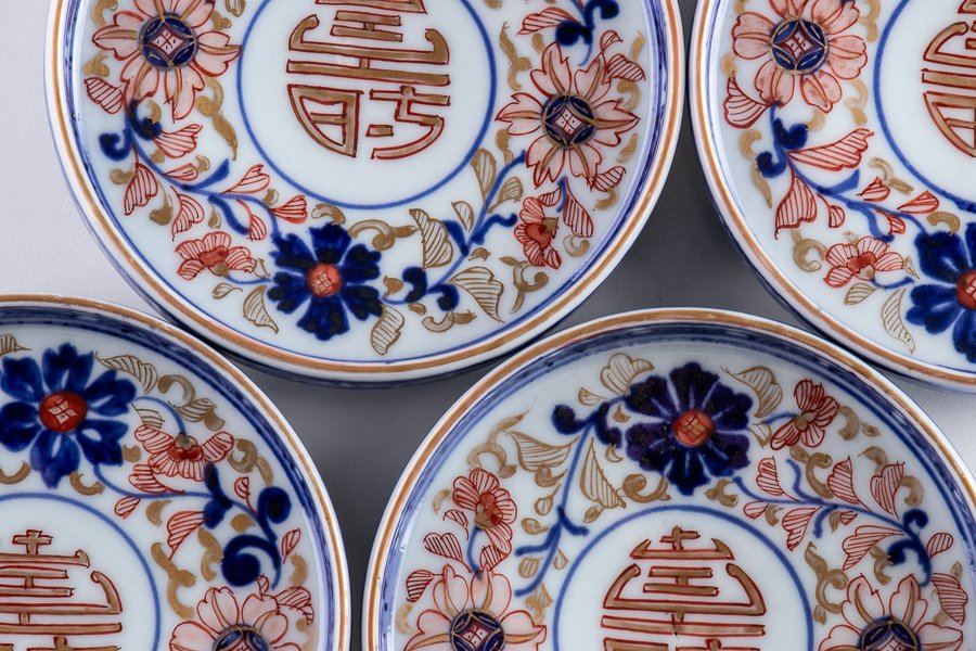 古伊万里】 大聖寺伊万里 金襴手花文小皿 4客セット 江戸後期 16468