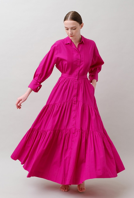 Cotton Poplin Gather Tiered Long Dress | All Items | Velnica