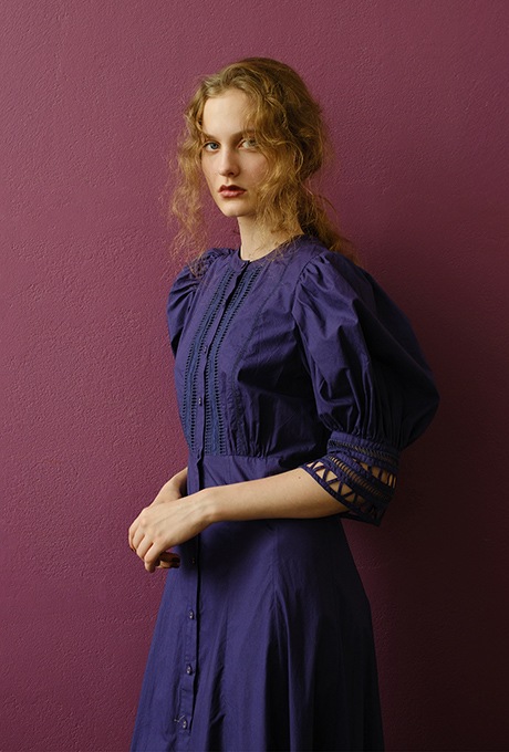 Cotton Ladder Lace Puff Sleeve Flare Long Dress | New Items