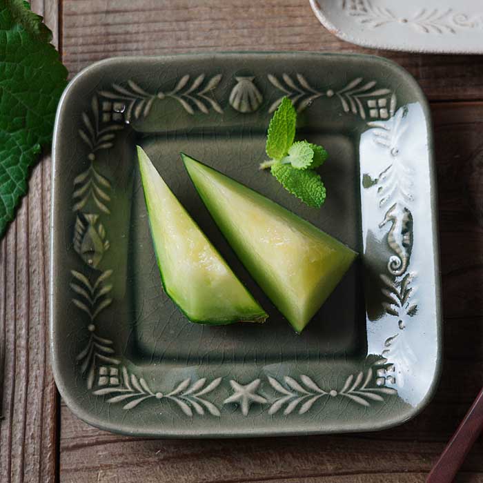 益子焼【海の角皿 / グレー】 スクエア皿 取り皿 デザート皿 シェル