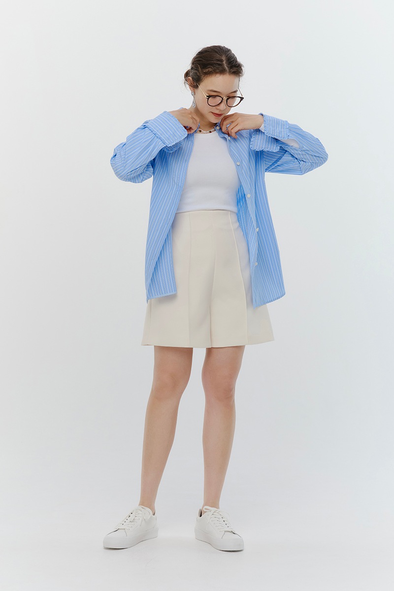 yori ミニフリルストライプシャツブルー36