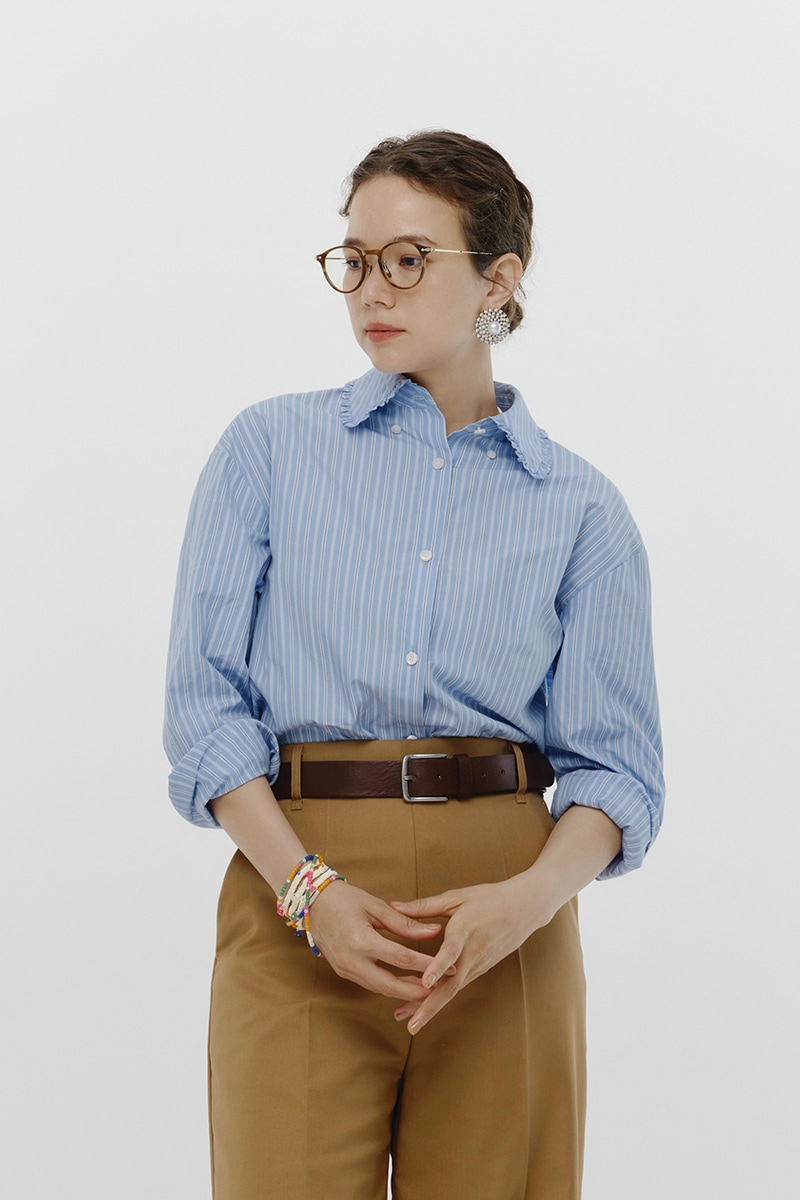 yori ミニフリルストライプシャツブルー36