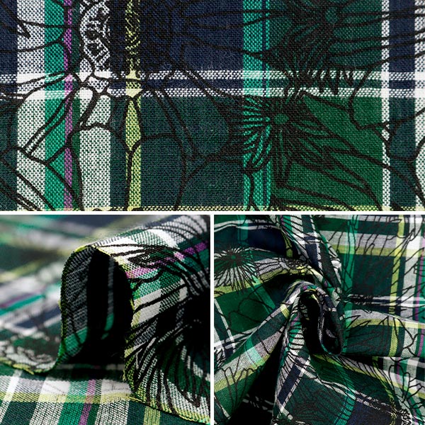 数量5から】 生地 『マドラスチェックプリント 花 グリーン×ネイビー
