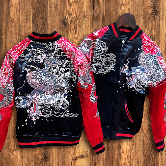 Sサイズ]桜暴れ龍柄刺繍リバーシブルスカジャン｜和柄 龍スカジャン