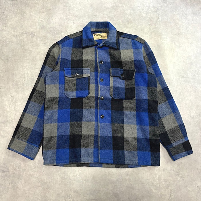 60's CHIPPEWA WOOLENS Block Check Wool Shirt M/Blue Made in USA 60