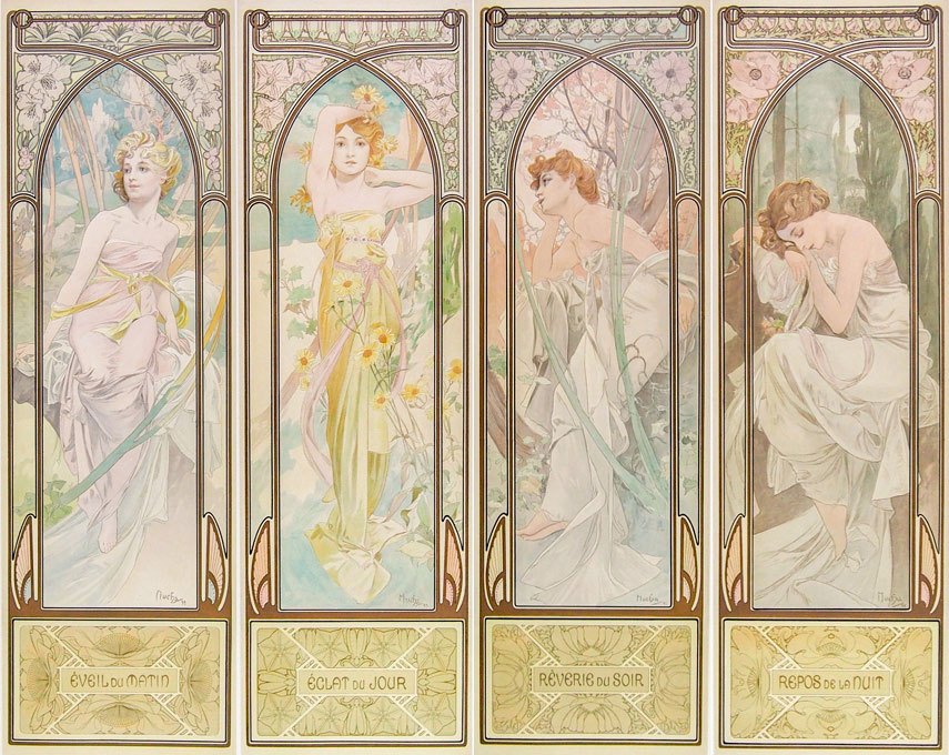 アルフォンス・ミュシャ 「四つの時の流れ」 四点組（個別額装