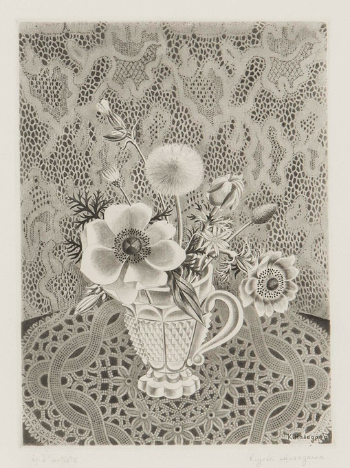 長谷川潔 「花（切子ガラスに挿したアネモネと草花）」 | | アトリエ