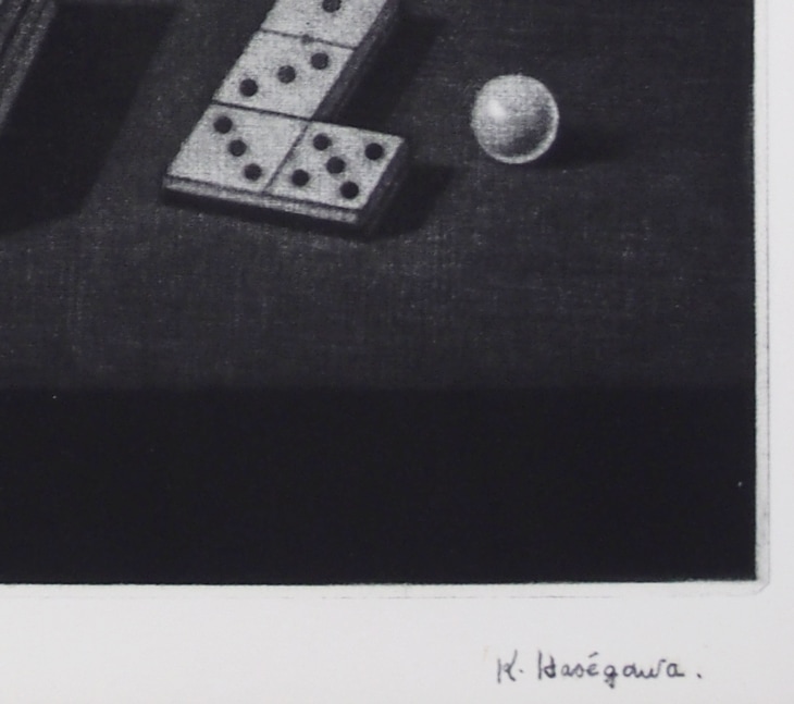 長谷川潔 「飼い馴らされた小鳥（西洋将棋など）」（オリジナル版画