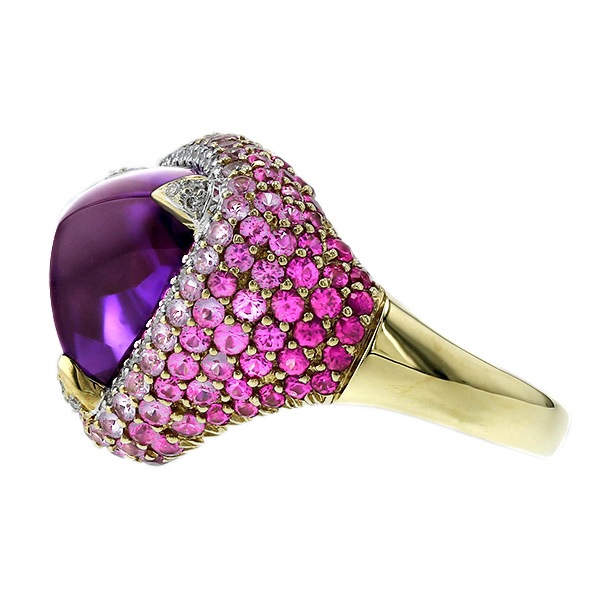 アメジスト リング 3.75ct バフトップカット 18金 第三者機関 鑑別書付