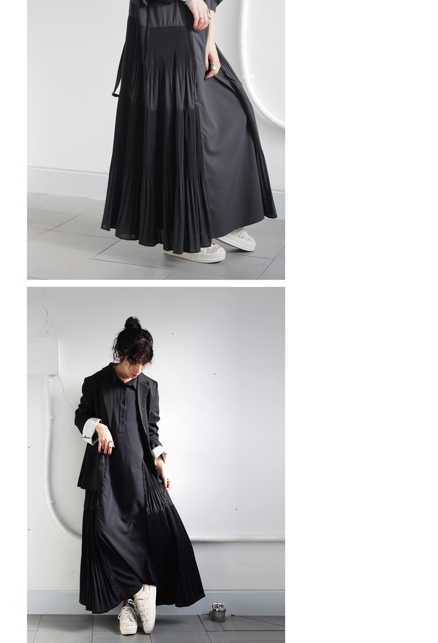 プリーツ切替 ワンピース レディース ロング 長袖 送料無料・再入荷