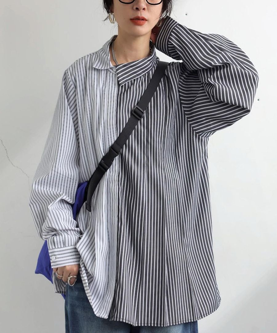 アシメストライプシャツ シャツ レディース トップス 長袖 送料無料