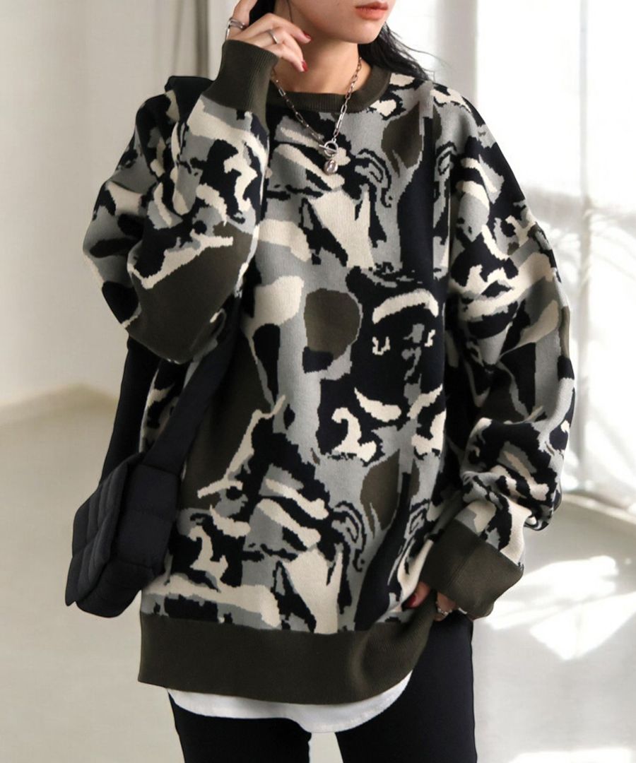 迷彩柄ニット ニット レディース トップス 長袖 送料無料・メール便