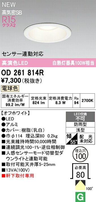 オーデリック 軒下用ベースダウン OD261814R Φ100 白熱灯100W相当 電球