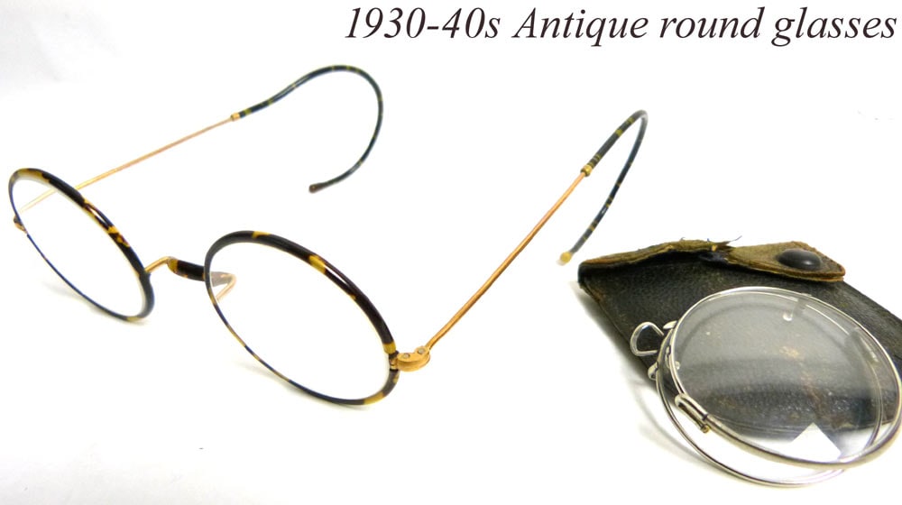 希少】1920 -40s べっこう/鼈甲 巻きつるテンプルメ丸メガネ / 丸眼鏡