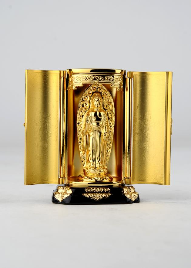 仏像】阿弥陀如来 - 厨子入り 純金メッキ仕上げ 総高9.7cm 高岡銅器