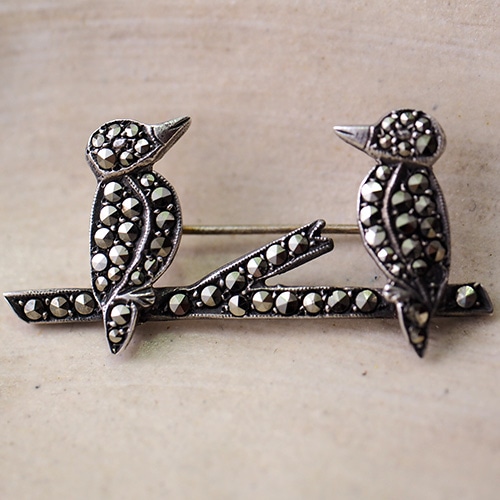 シルバー マーカサイト 2羽の鳥 ブローチ