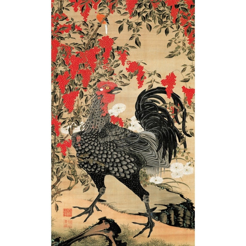 伊藤若冲 動植綵絵 南天雄鶏図 高級仕様 掛軸 美術品 インテリア 作品