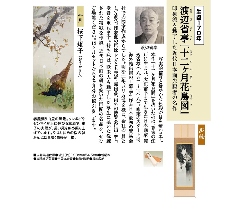 渡辺省亭『十二ケ月花鳥画』3月 桜下雉子 掛軸【ポイント5％還元中