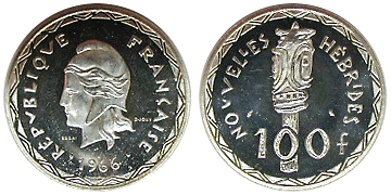 ニューヘブリデス 100フラン銀貨 ESSAI 1966 UNC; | 世界のコイン