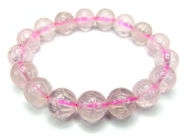 愛情運AAAローズクオーツ12mm蓮の花彫り天然石ブレスレット石街 | 石