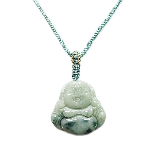 綺麗柄入りひすい本翡翠天然石布袋様彫りレア色紐ネックレス御守り開運