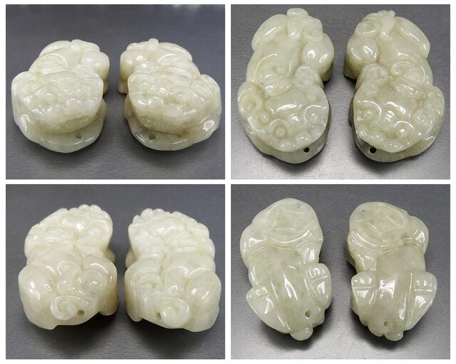 薄目豆緑色ひすいヒキュウ貔貅本翡翠硬玉天然石2点ペア置物風水物蓄財