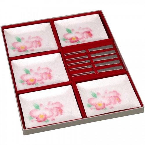 七宝焼き 銘々皿 中角 カトレア ピックフォーク付き（5点セット