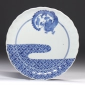 江戸時代 藍柿右衛門 染付 波花文 銹釉口 皿 5客