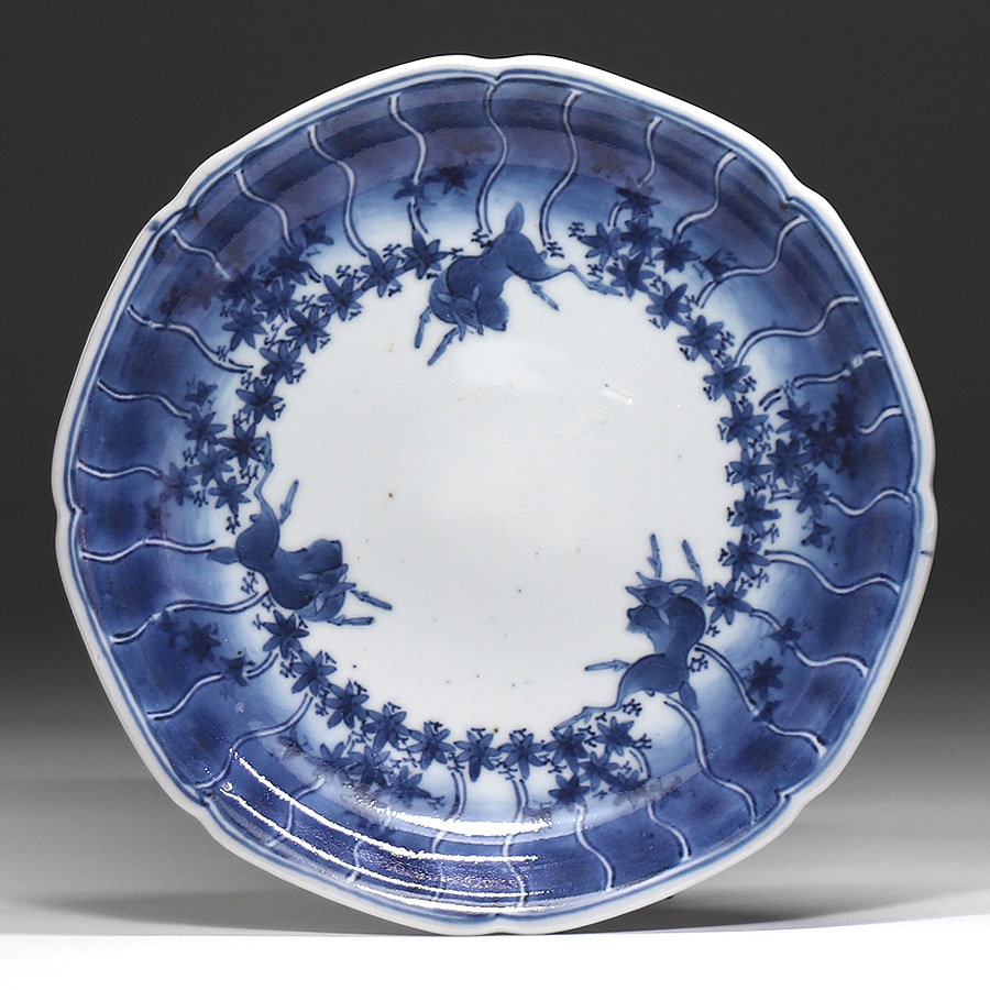 古伊万里 皿 江戸時代中期 染付 鹿に紅葉文