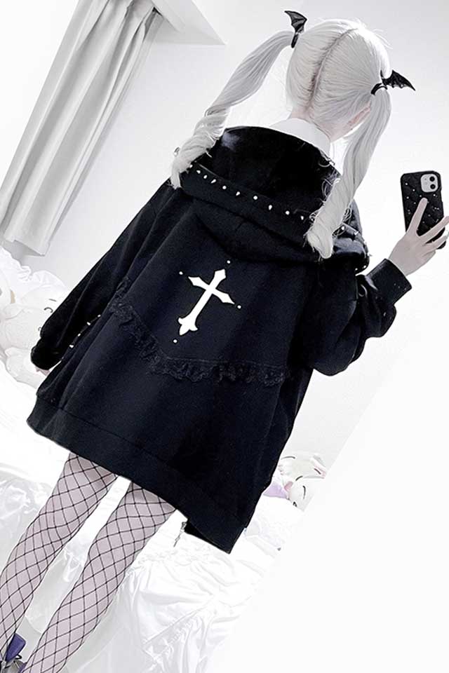 MA*RS】スタッズ付きクロス刺繍ビックパーカー - ブラック size-F