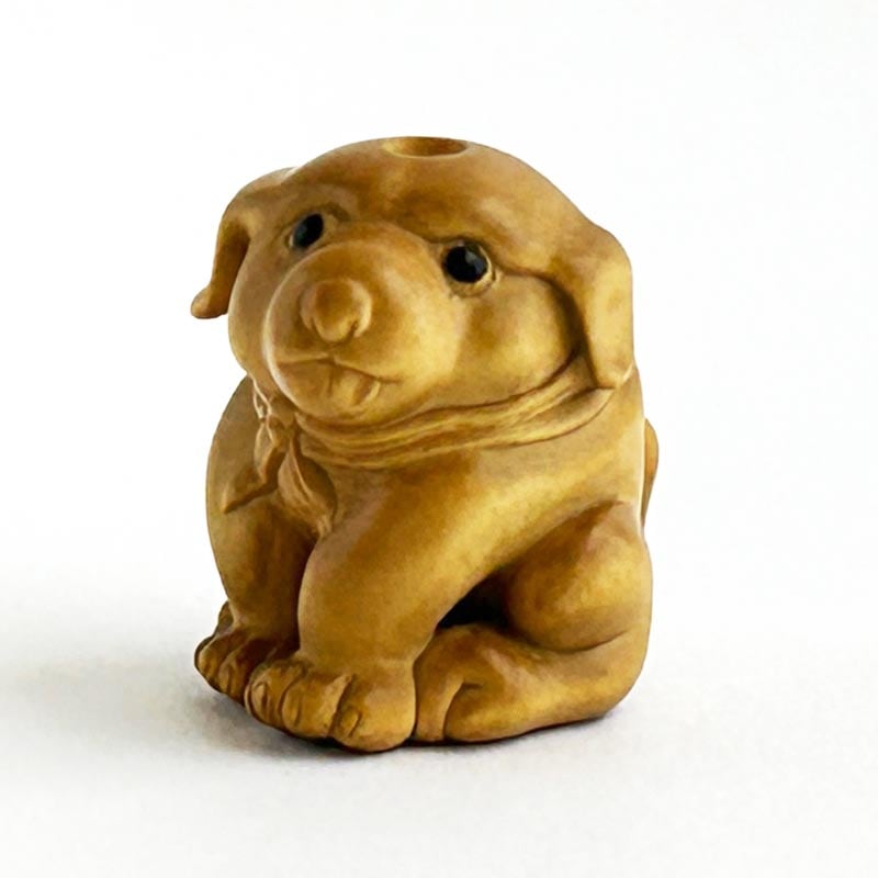 仔犬1」 根付ストラップ 帯飾り 柘植（黄楊・つげ） □光斎
