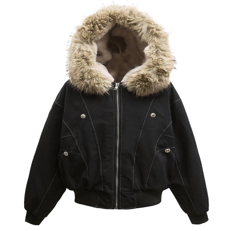 黒いファー付きボンバージャケット dispark ブルゾン アウター DISPARK/フェイクファーフードボンバー