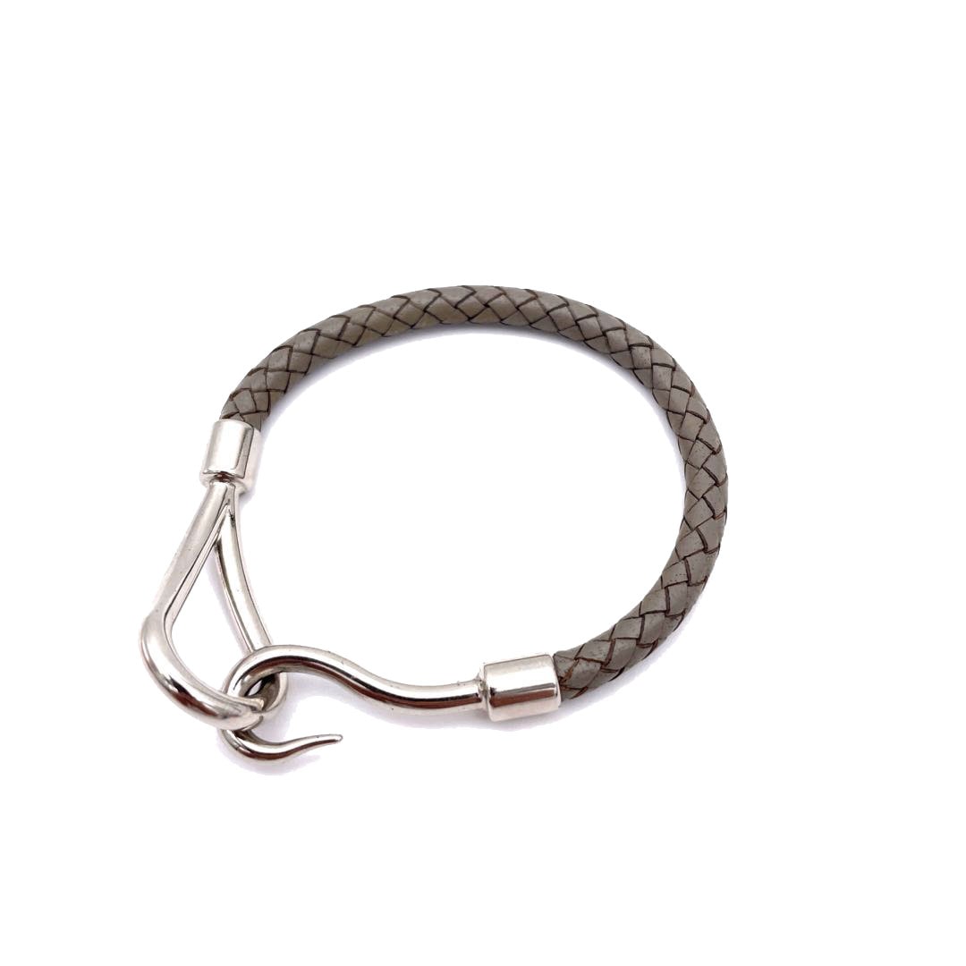 HERMES エルメス ジャンボブレスレット 編み込みレザー グレー系