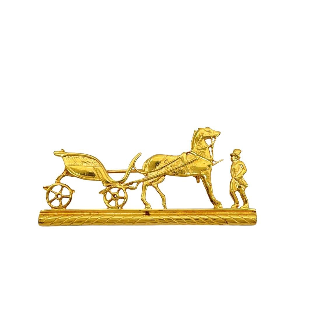 HERMES エルメス ヴィンテージブローチ 四輪馬車 従者 ゴールド
