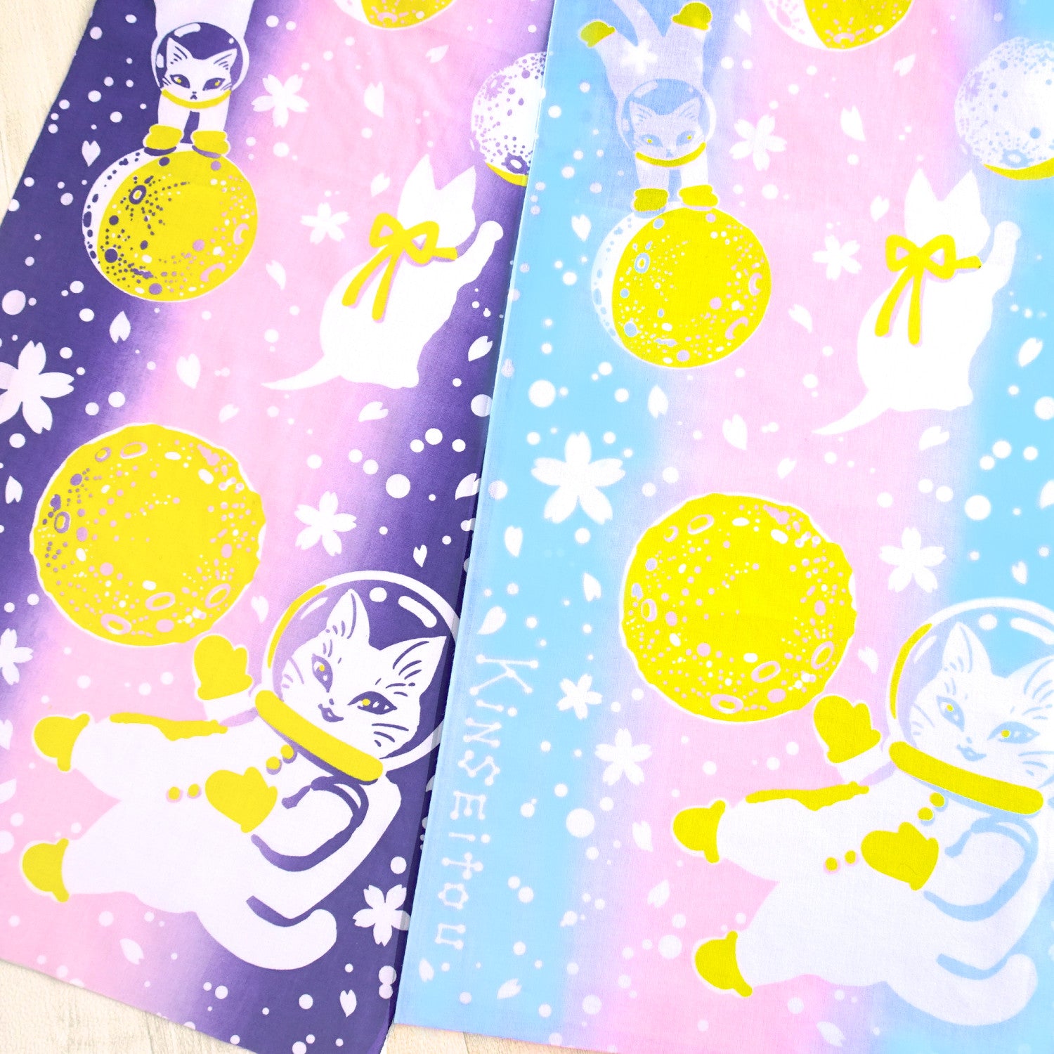 白猫マイカの綿100％手ぬぐい｜「月の戯れ 朝桜」手捺染(てなっせん