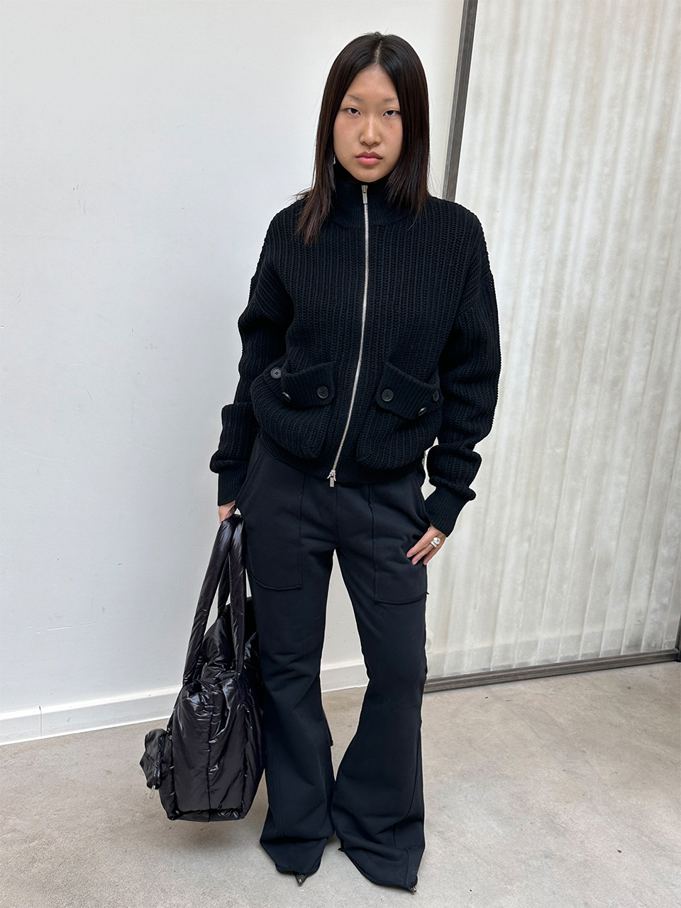 VOLUME POCKET KNIT ZIP UP IN BLACK – Matin Kim