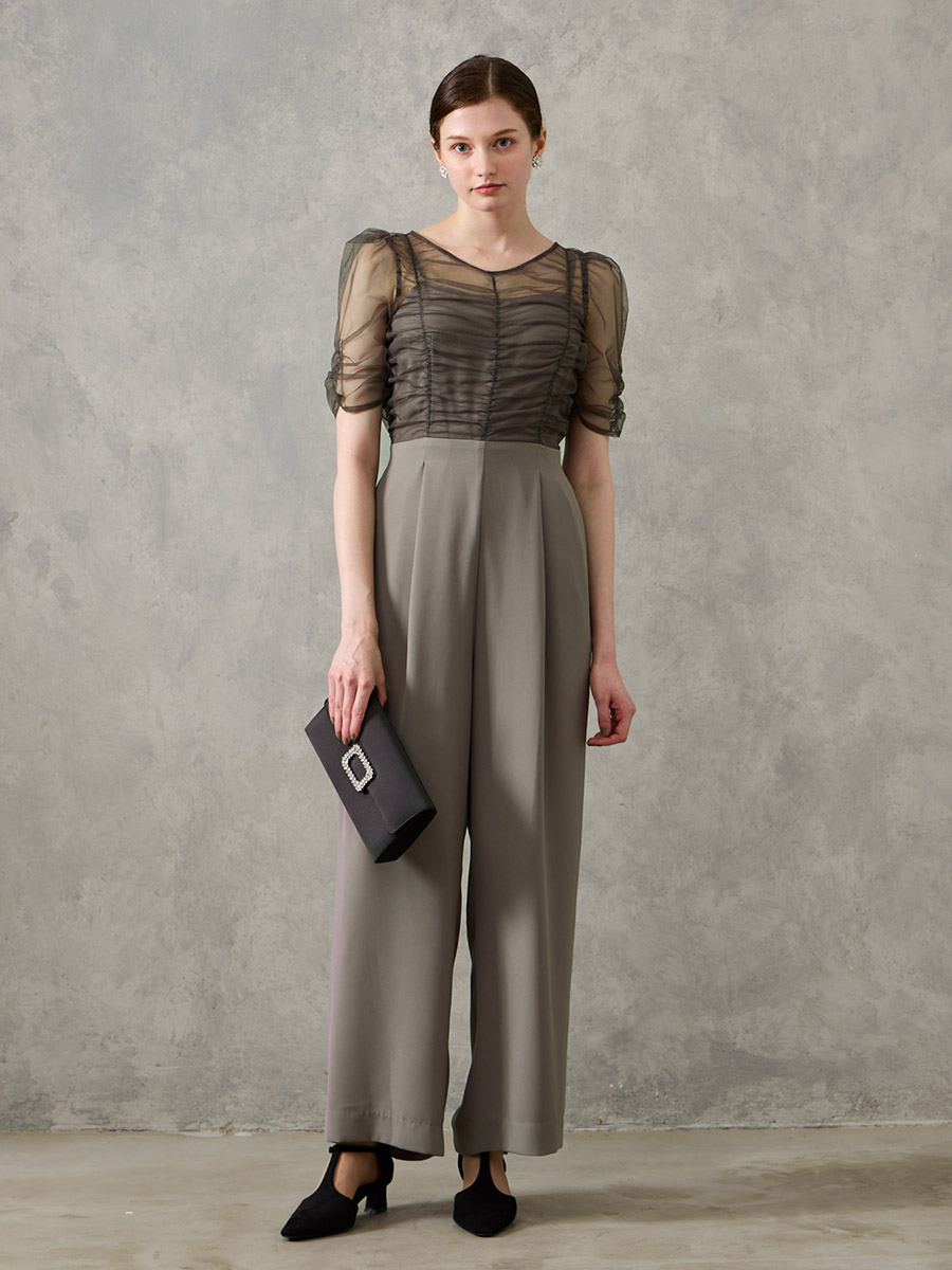 試着キャンペーン対象】ギャザーチュールオールインワンパンツドレス(M