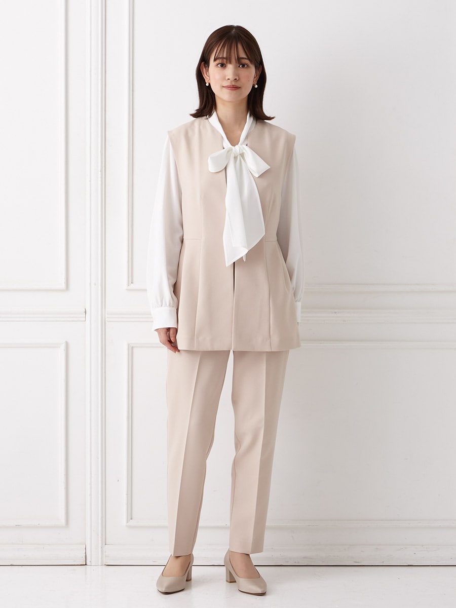 ボウタイブラウス・ジレ・パンツ3点セットアップ(M ベージュ): AIMER