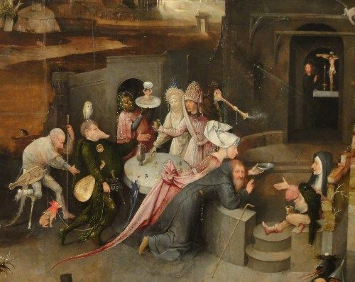 聖アントニウスの誘惑の絵画8点。お色気作戦で堕落を迫る悪魔と