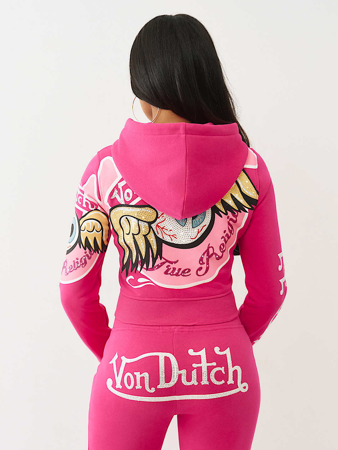 TRUE RELIGION X VON DUTCH CRYSTAL SHRUNKEN ZIP HOODIE