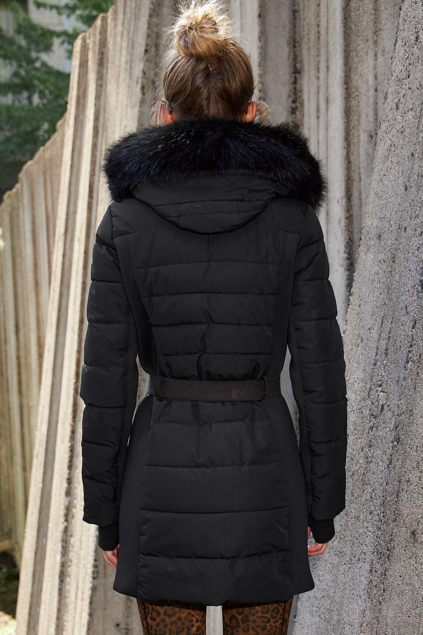 Belted Faux Fur Trim Puffer Jacket - Black | Boston Proper