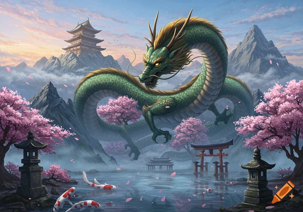 A majestic green Japanese dragon floats over a misty lake with