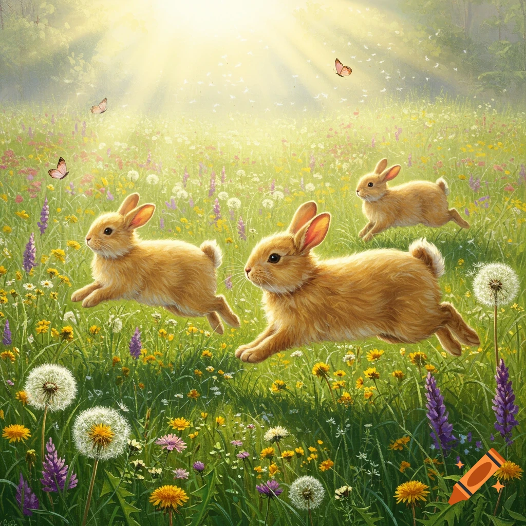 Pastel Art of Rabbits in a Flower Field created on Craiyon