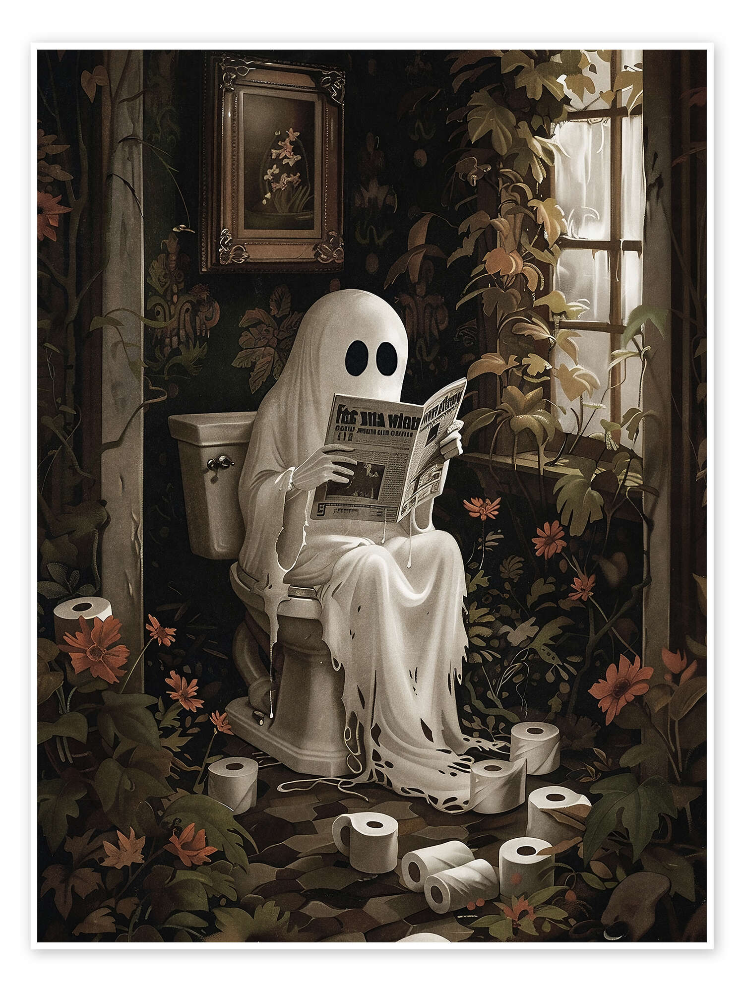 Ghost reading newspaper on toilet print by Olga Telnova | Posterlounge