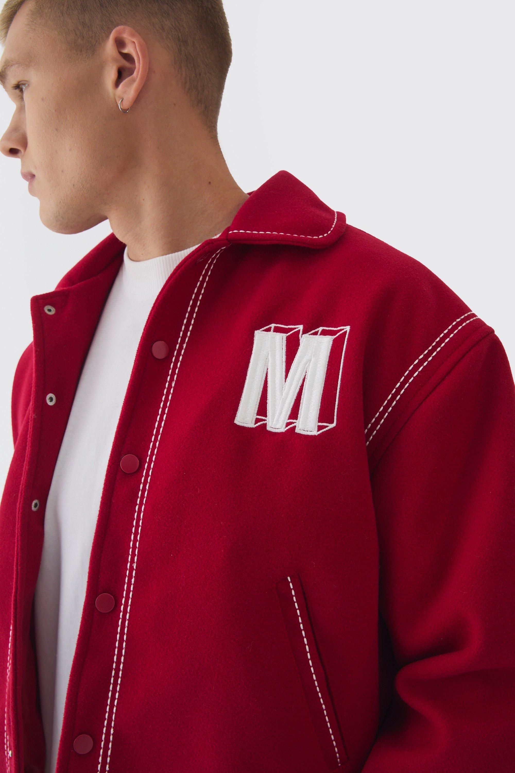 Jackets & Coats | Boxy Stitch Detail Melton Varsity Jacket In Red